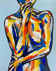 Cross, Female Nude Original Painting - Blue