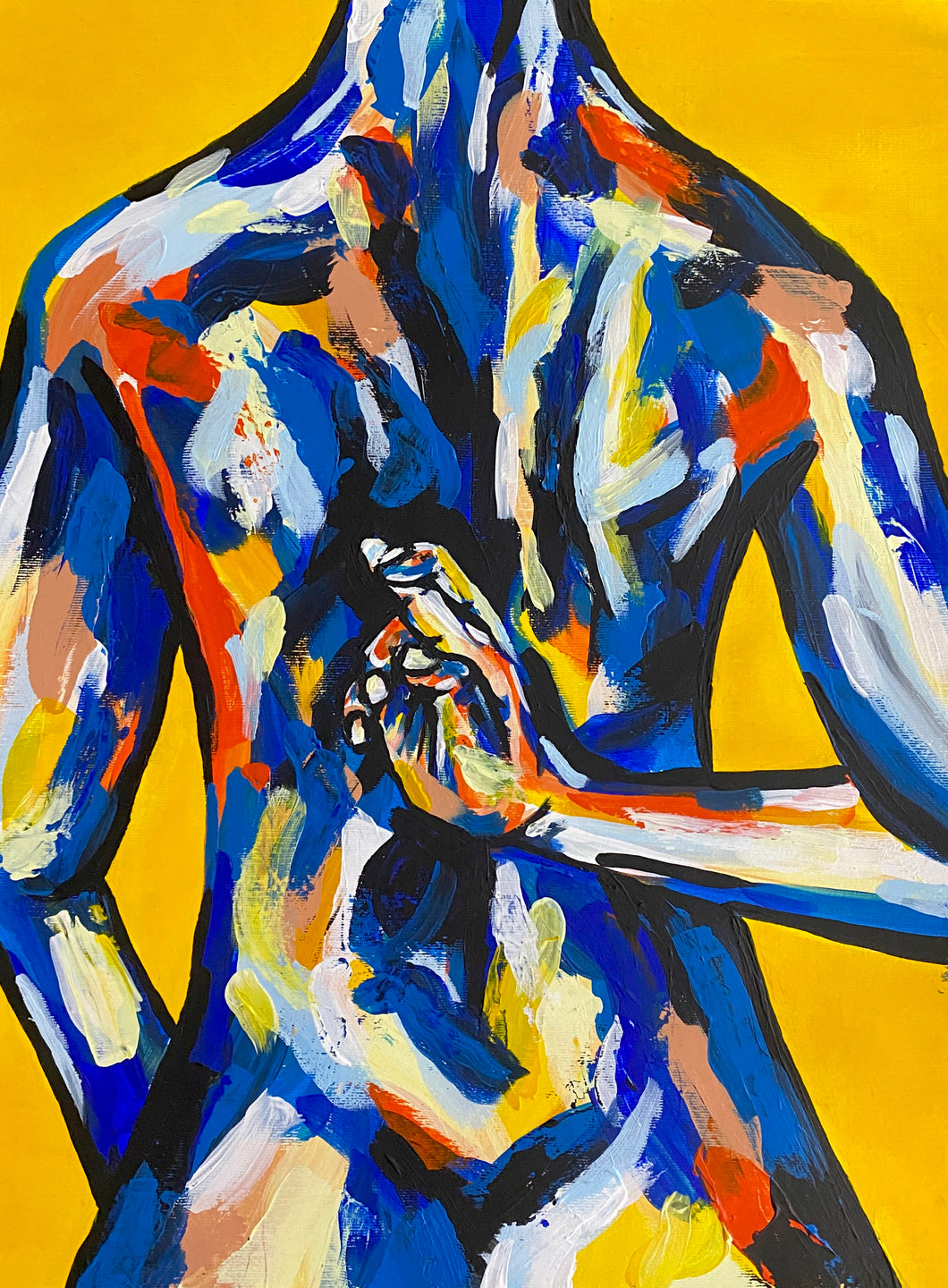 Fingers Crossed, Female Nude Original Painting - Yellow